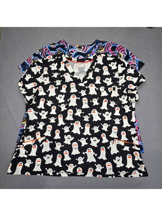 Disney, White Cross Tops - Disney & White Cross Womens Scrub Tops 3XL Halloween Ghost & Cheshire Cat